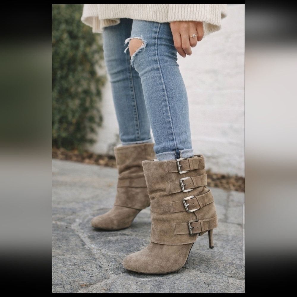 Guess by Marciano Womens Suede Gray Tan PMDAYLEE Buckle Ankle Boots 7